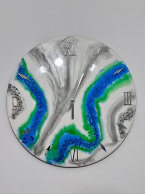 Ceas din rasina epoxidica "Oceanic Silver" 45 cm diametrul, personalizabil
