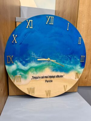 Ceas din rasina epoxidica, model "Plaja", diametrul 45 cm